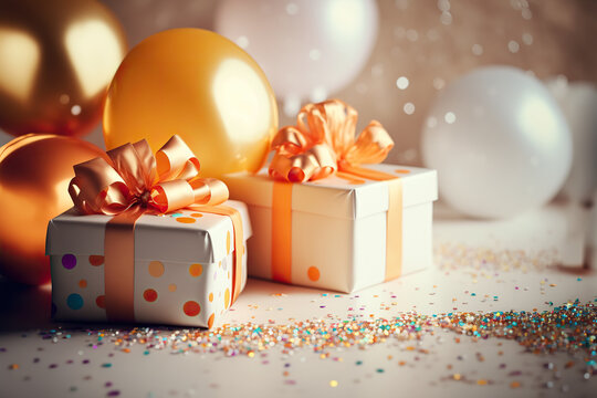 Birthday celebration concept with gift boxes, silk bows, balloons, confetti and other holiday decorative elements. Indoor blurred background with copy space. AI generative image.