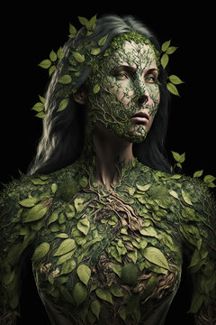 Portrait of beautiful mother nature maiden illustration. Mythology elegant dryad woman. Magical forest nymph. Ecology green power concept. AI generative image.