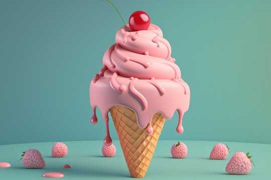 A 3D Rendering Of A Pink Ice Cream Cone With A Cherry On Top | Soft Pop | Generative AI