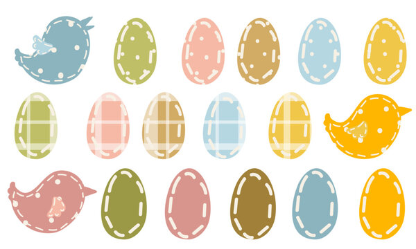 A set of Easter eggs with the texture of different types of fabric in different colors. The contour of eggs and birds are made of pea, cage and plain fabric in different colors. Vector illustration.