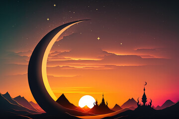 Crescent moon against a stunning sunset backdrop. Giving Ramadan. Generative AI