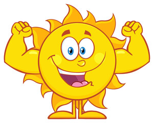 Happy Sun Cartoon Mascot Character Showing Muscle Arms. Hand Drawn Illustration Isolated On Transparent Background