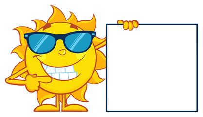 Talking Sun Cartoon Mascot Character With Sunglasses Pointing To A Blank Sign. Hand Drawn Illustration Isolated On Transparent Background