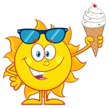Cute Sun Cartoon Mascot Character With Sunglasses Holding A Ice Cream. Hand Drawn Illustration Isolated On Transparent Background