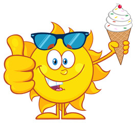 Cute Sun Cartoon Mascot Character With Sunglasses Holding A Ice Cream Showing Thumb Up. Hand Drawn Illustration Isolated On Transparent Background