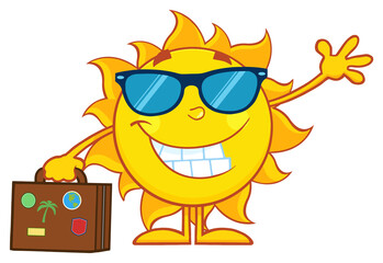 Smiling Summer Sun Cartoon Mascot Character With Sunglasses Carrying Luggage And Waving. Hand Drawn Illustration Isolated On Transparent Background
