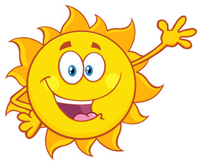 Smiling Sun Cartoon Mascot Character With Sunglasses Waving For Greeting. Hand Drawn Illustration Isolated On Transparent Background