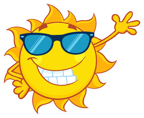 Smiling Sun Cartoon Mascot Character With Sunglasses Waving For Greeting. Hand Drawn Illustration Isolated On Transparent Background