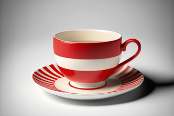 coffee cup and saucer in red and white, isolated. Generative AI
