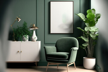 Elegant living room interior design with mockup poster frame, modern frotte armchair, wooden commode and stylish accessories. Green eucalyptus wall. Template. Copy space. Generative AI