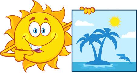 Talking Sun Cartoon Mascot Character Pointing To A Blank Sign. Hand Drawn Illustration Isolated On Transparent Background
