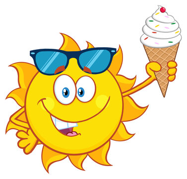 Cute Sun Cartoon Mascot Character With Sunglasses Holding A Ice Cream Showing Thumb Up. Hand Drawn Illustration Isolated On Transparent Background