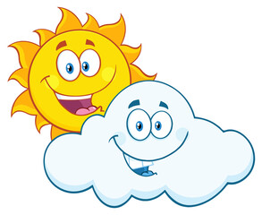 Happy Summer Sun And Smiling Cloud Mascot Cartoon Characters. Hand Drawn Illustration Isolated On Transparent Background