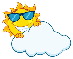 Smiling Summer Sun Mascot Cartoon Character With Sunglasses Hiding Behind Cloud. Hand Drawn Illustration Isolated On Transparent Background