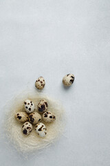 Quail eggs in nest on gray background. Easter concept. Farm products. Vertical