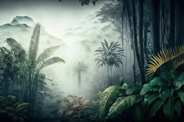 exotic forest in the fog Panorama of a jungle, a woodland oasis. gloomy, foggy wilderness. Natural woodland setting. Generative AI
