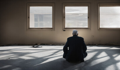 backview of an old man in an abandoned American appartment with giant windows in the background - AI Generative