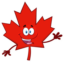 Happy Canadian Red Maple Leaf Cartoon Mascot Character Waving For Greeting. Hand Drawn Illustration Isolated On Transparent Background