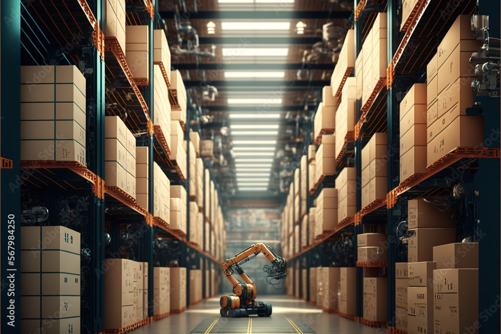 Poster a robot moving through a warehouse filled with boxes and boxes on shelves with a robot in the middle