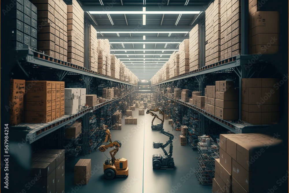 Poster a warehouse with a robot moving boxes on the floor and a man in a forklift in the middle of the aisl