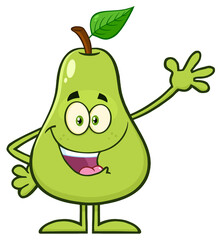 Happy Pear Fruit With Green Leaf Cartoon Mascot Character Waving For Greeting. Hand Drawn Illustration Isolated On Transparent Background