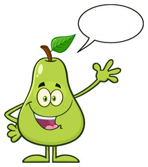 Pear Fruit With Green Leaf Cartoon Mascot Character Waving For Greeting. Hand Drawn Illustration Isolated On Transparent Background