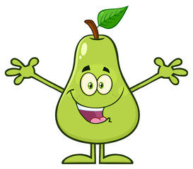 Happy Pear Fruit With Green Leaf Cartoon Mascot Character With Open Arms For Hugging. Hand Drawn Illustration Isolated On Transparent Background