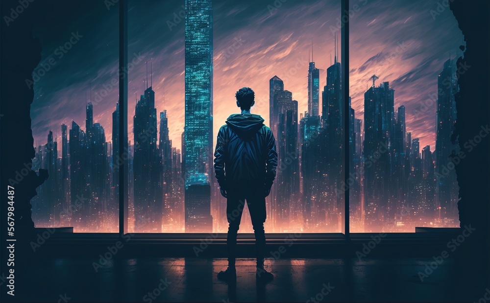 Aufkleber a man standing in front of a window looking out at a city skyline at night time with a skyscraper in