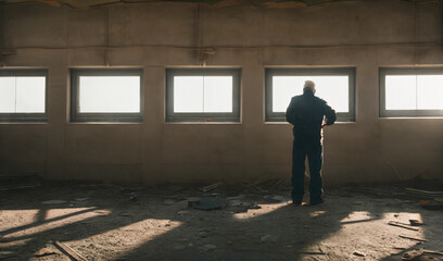 View of an old man in an abandoned soviet nuclear power plant with giant windows in the background - AI Generative