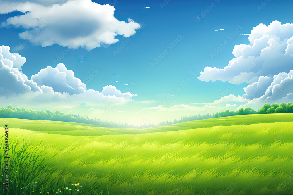 Sticker Background of lush meadows against a cloudy, blue sky. Generative AI