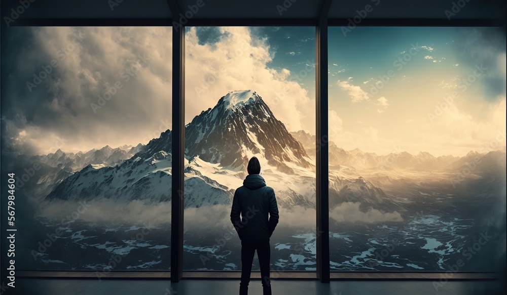 Aufkleber a man standing in front of a window looking out at a mountain range in the distance with a sky fille