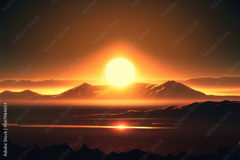 Poster a sunset with a mountain range in the background and a bright sun in the sky above it with a few clo