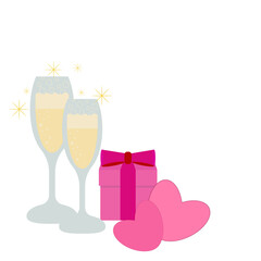 Vector image, valentine, postcard, champagne glasses, gift and hearts on a white background. Graphic design.