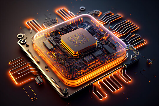 Advanced Technology Concept with Microchip. Orange Neon Data flows from the CPU across a Futuristic Motherboard