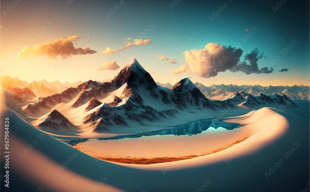 Poster a painting of a mountain range with a sunset in the background and clouds in the sky above it with a