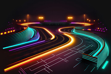 International race track in the night with railing and neon light arrow sign. Generative AI