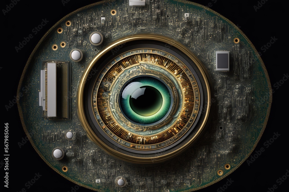 Poster a computer screen with a green and gold design on it's side and a black background with white circle