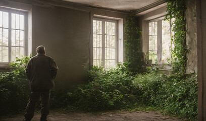 Fototapeta na wymiar View of an old man in an abandoned soviet nuclear power plant with giant windows in the background - AI Generative