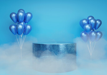 3d realistic podium product and smoke clouds. background with blue display and heart shaped balloons for product presentation and empty space.3d randering