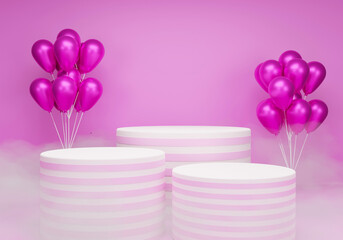 3d realistic podium product and smoke clouds. background with pink display and heart shaped balloons for product presentation and empty space.3d randering