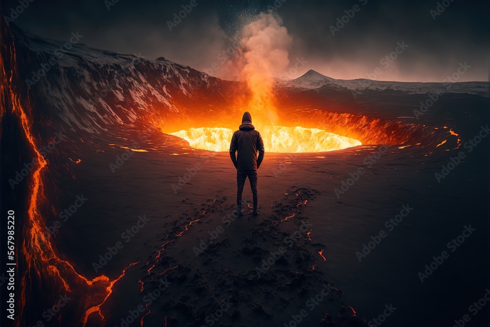 Poster a man standing in front of a fire pit in the middle of a desert area with a mountain in the backgrou