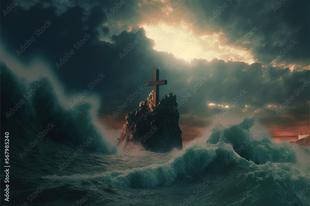 Poster a cross on a rock in the middle of a large body of water with a large wave in front of it a matte pa