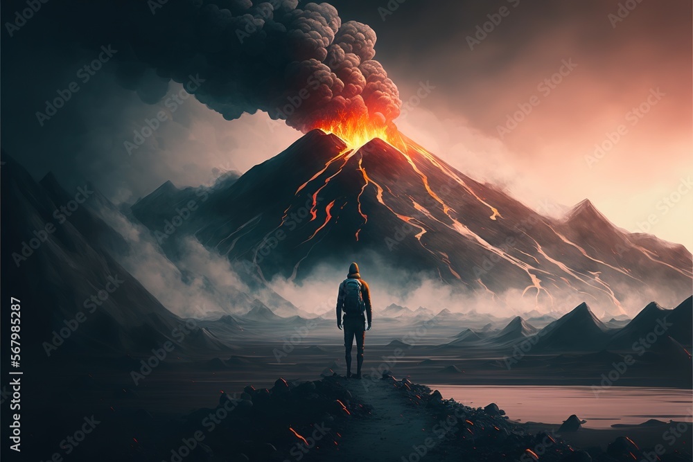 Fototapete a man standing on a path in front of a volcano with lava pouring out of it and a lava cloud a matte 