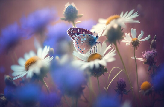 Fototapeta Beautiful wild flowers and butterfly in morning in nature close-up. Cool blue tones. Generative AI.