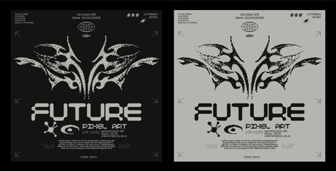 Y2K posters in retro futuristic pixel style. Tribal style elements for 90s design. Printable vector banner collection