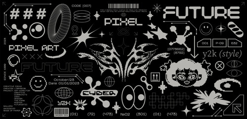 Cyberpunk futuristic shape design elements. Large collection of abstract graphic retro geometric symbols and objects in 2000 style. Templates for notes, posters, banners, stickers, business cards,logo