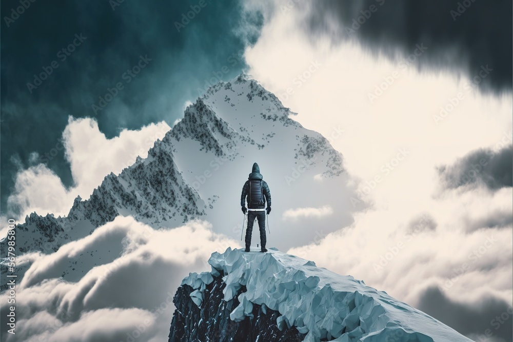 Poster A man standing on top of a mountain with a sky background and clouds in the background with a mountain peak in the foreground a detailed matte painting precisionism sense of awe