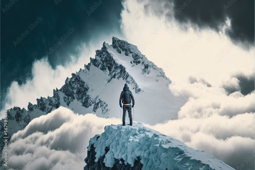 Poster A man standing on top of a mountain with a backpack on his back and clouds in the background with a mountain peak in the foreground a detailed matte painting objective abstraction cinematic