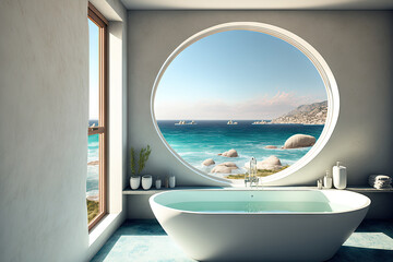 Fototapeta premium Sea view from a modern luxury bathroom. Generative AI