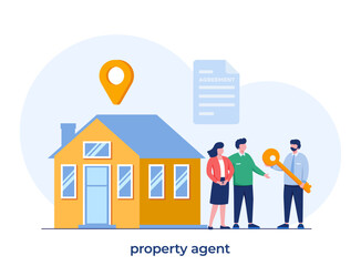 Property agent concept. Qualified and reliable real estate agent guarantee a property buying. Realtor helps in house searching and mortgage contract. Vector flat illustration